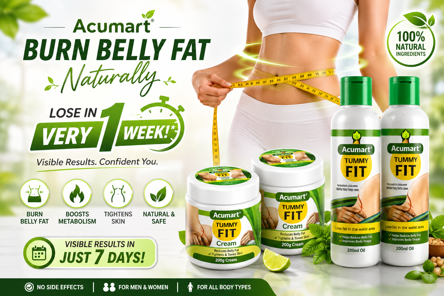Belly Fat Burning Tummy Oil & Cream – Weight Loss & Skin Tightening (200ml Oil+ 200g Cream)
