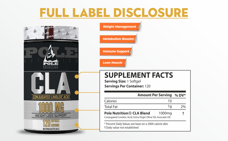 Pole Nutrition CLA - Conjugated Linoleic Acid Weight Loss Support | 1000mg, 120 Softgels | Natural Fat Burner for Enhanced Fitness Goals