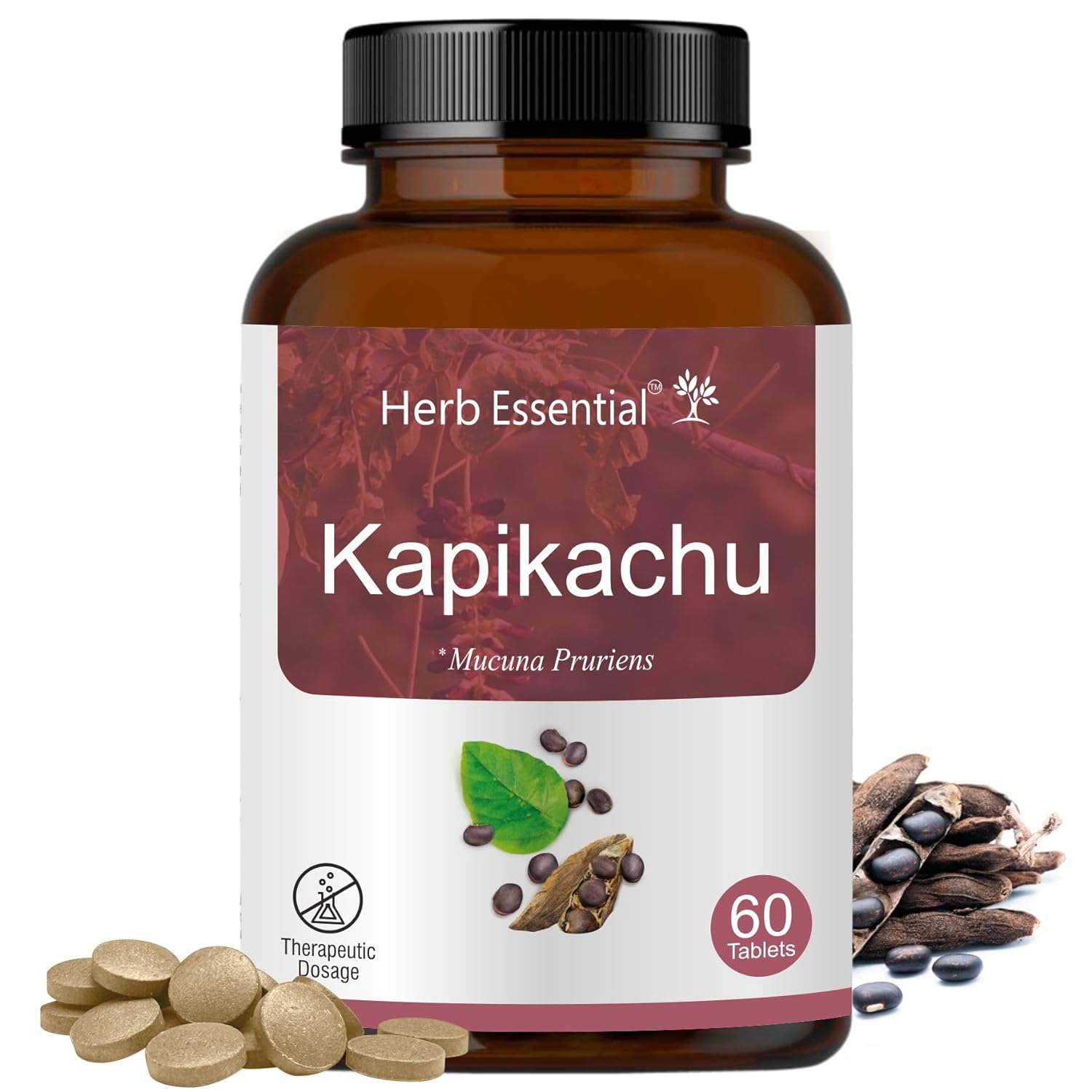 Herb Essential Kapikachu Tablets 500mg, 60 Tablets | Mucuna Pruriens, Boosts Energy, Vitality & Mood | Natural, Vegan & Paraben-Free | Ayurvedic Supplement