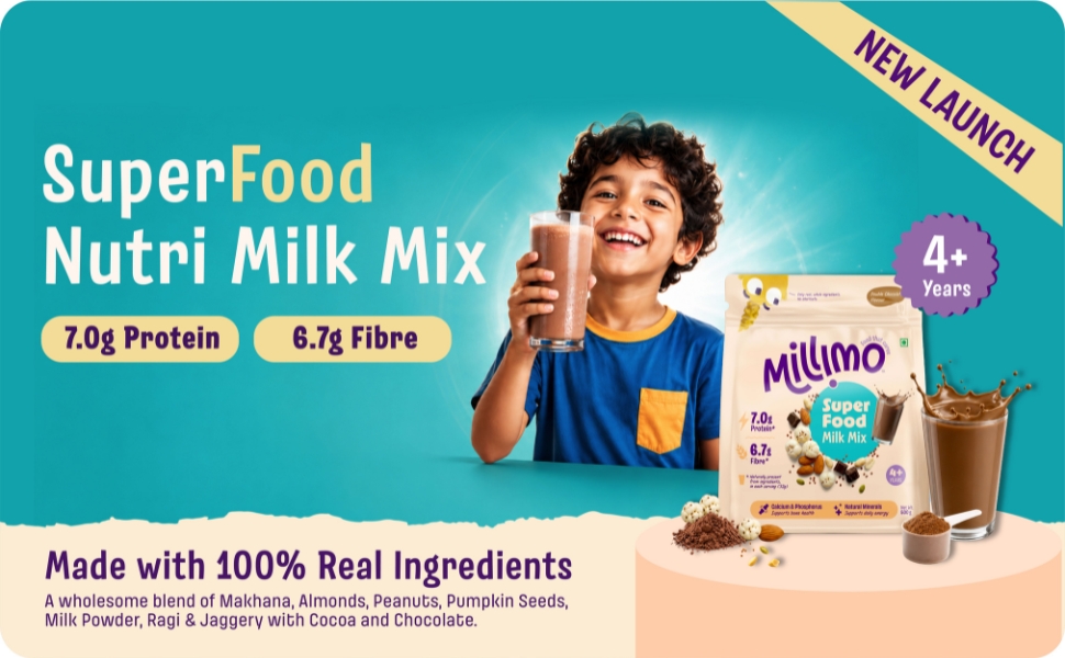 Millimo SuperFood Milk Mix Double Chocolate | 7g Protein & 6.7g Fibre per Serving | Makhana, Almonds, Pumpkin Seeds, Peanuts & Ragi | No Refined Sugar | Kids Health Drink 4+ Years | 500g