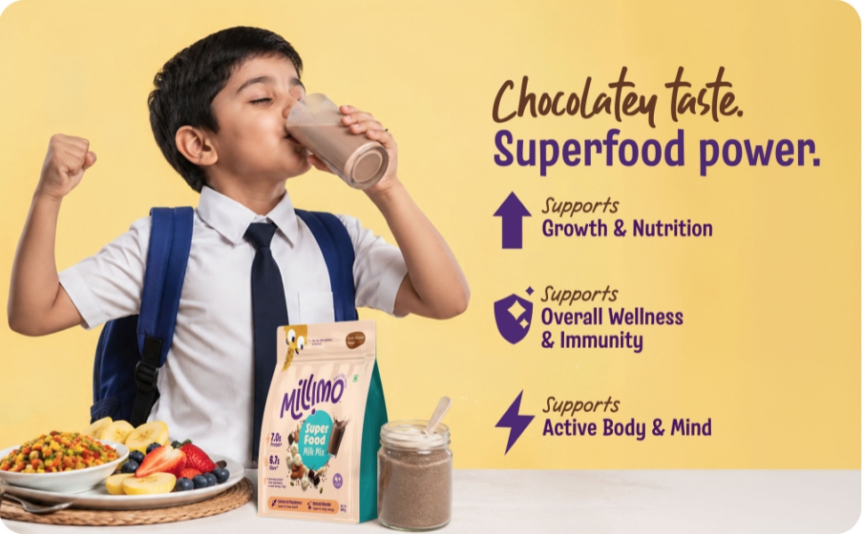 Millimo SuperFood Milk Mix Double Chocolate | 7g Protein & 6.7g Fibre per Serving | Makhana, Almonds, Pumpkin Seeds, Peanuts & Ragi | No Refined Sugar | Kids Health Drink 4+ Years | 500g