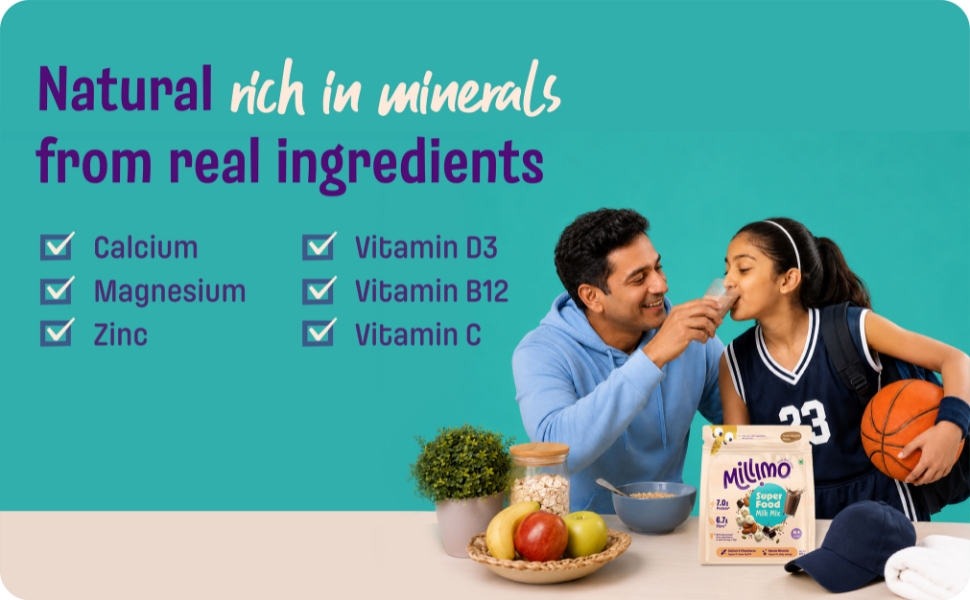 Millimo SuperFood Milk Mix Double Chocolate | 7g Protein & 6.7g Fibre per Serving | Makhana, Almonds, Pumpkin Seeds, Peanuts & Ragi | No Refined Sugar | Kids Health Drink 4+ Years | 500g