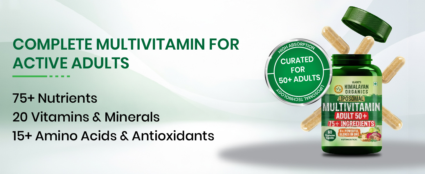 Vlado’s Himalayan Organics Liposomal Multivitamin Adult 50+ with 75+ Ingredients | Daily Health Supplement with 9+ Powerful Blends | Supports Energy, Immunity, Brain, Heart & Eye Health | 60 Veg Capsules