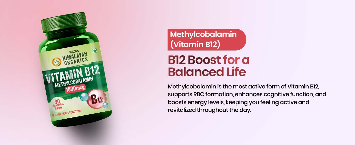 Vlado's Himalayan Organics Methylcobalamin Vitamin B12 1500mcg Supplement for Men & Women - 90 Veg Tablets