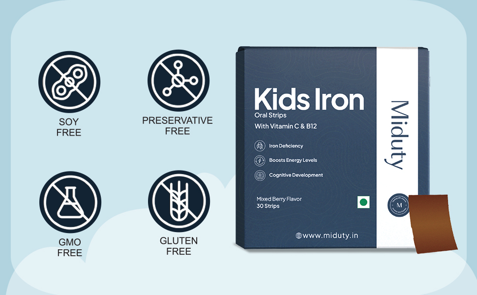 Miduty Kids Iron Strips - Iron, Vitamin C & Vitamin B12 - Supports Growth, Immunity & Hemoglobin Production - Sugar-Free - Natural Mixed Berry Flavor - 30 Strips