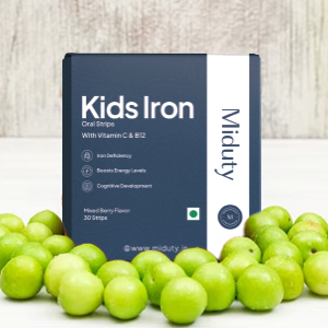 Miduty Kids Iron Strips - Iron, Vitamin C & Vitamin B12 - Supports Growth, Immunity & Hemoglobin Production - Sugar-Free - Natural Mixed Berry Flavor - 30 Strips