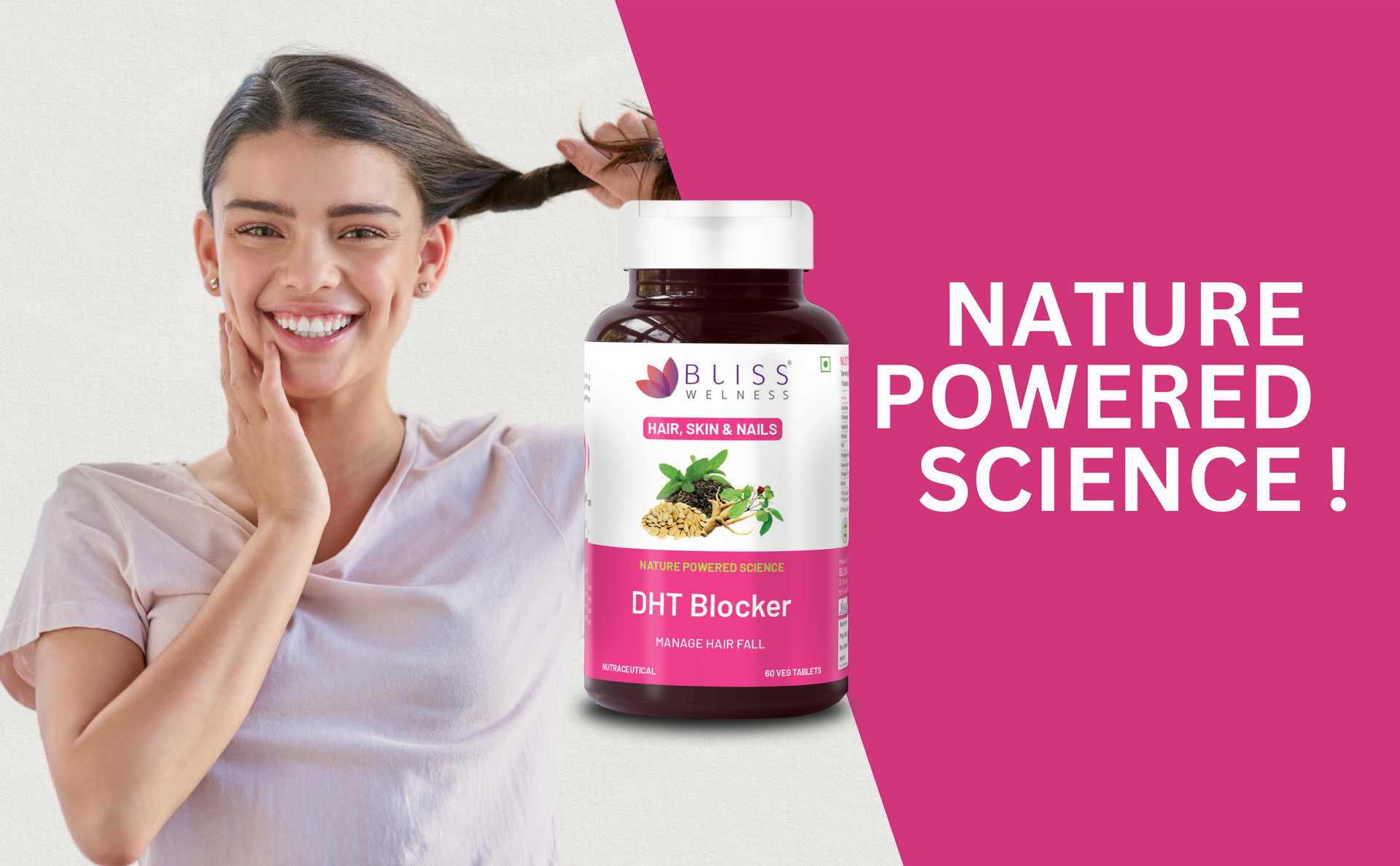 Bliss Welness DHT Blocker with Biotin, Pumpkin Seed, Green Tea, Omega-3, Vitamins C, E, B6, Zinc, Selenium & Beta-Sitosterol – Reduces Hair Fall, Stimulates Growth & Regrowth – 60 Veg Tablets.