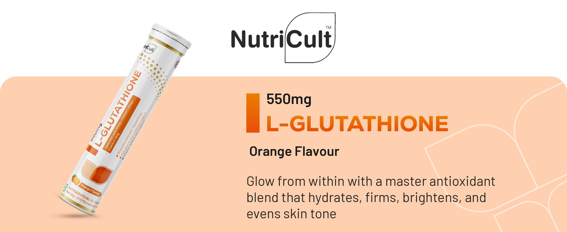 L-Glutathione 550mg - 20 Effervescent Tablets Glutathione Effervescent Tablets for Glowing Skin with Hyaluronic Acid Vitamin C & Vitamin E | Skin Glow Supplement For Clear Skin | Orange