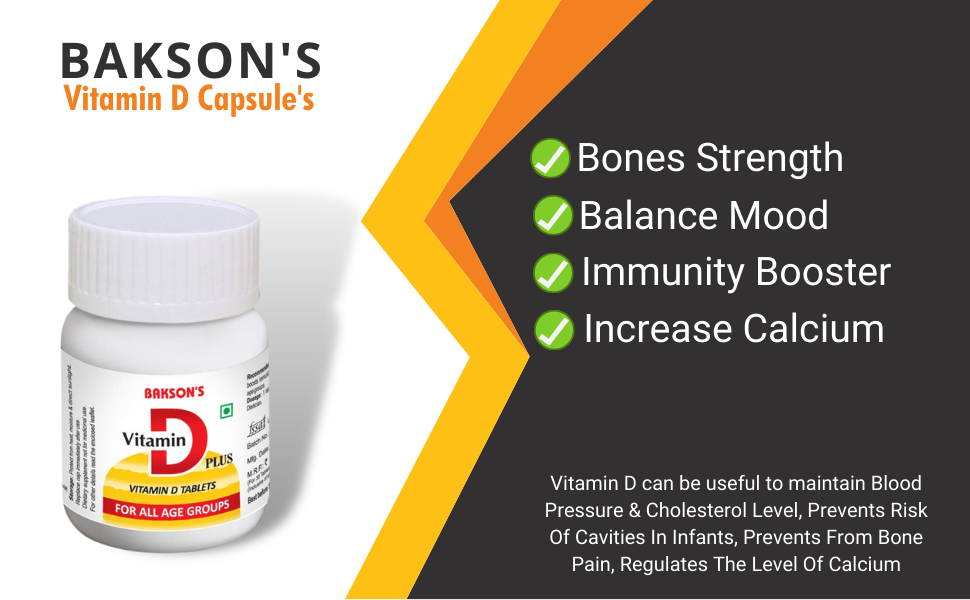 Bakson's Vitamin D Plus, Promotes Calcium Absorption, Bone Health, Muscle Strength & Boosts Immunity | Comes With Vitamin A, B, C & E, | For All Age Group, 30 Tablets (Non Veg)