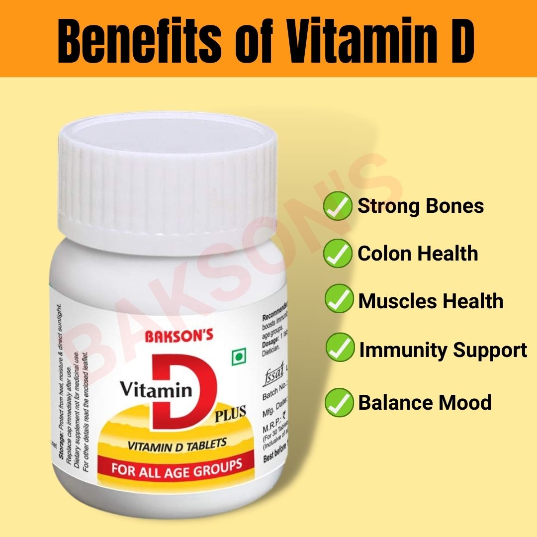 Bakson's Vitamin D Plus, Promotes Calcium Absorption, Bone Health, Muscle Strength & Boosts Immunity | Comes With Vitamin A, B, C & E, | For All Age Group, 30 Tablets (Non Veg)