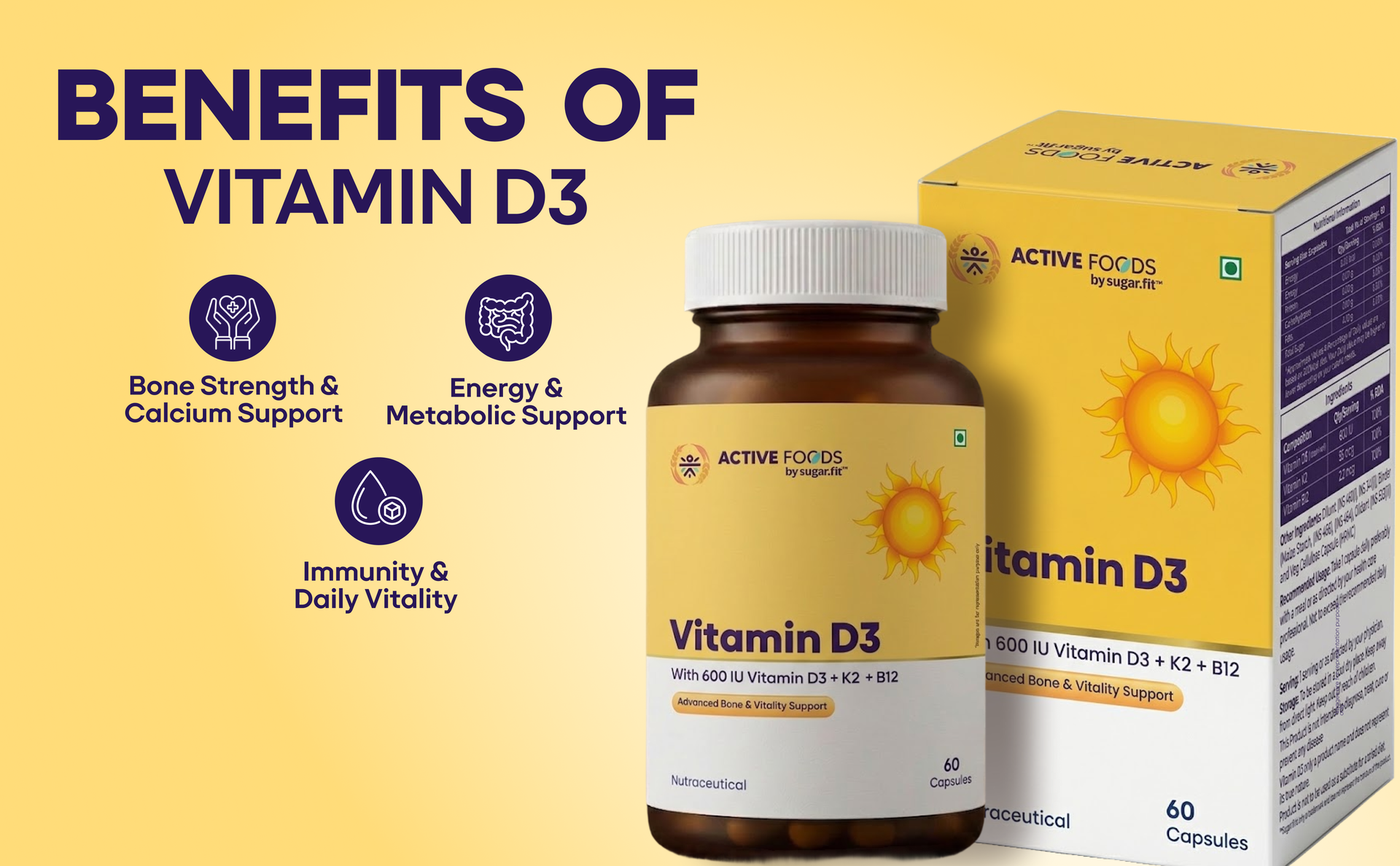 Sugar.fit Vitamin D3 K2 Supplement with Vitamin B12 | For Bone, Immunity, Energy & Calcium Utilisation Support | Daily Vitamin D Supplement, 100% RDA, 60 Veg Capsules