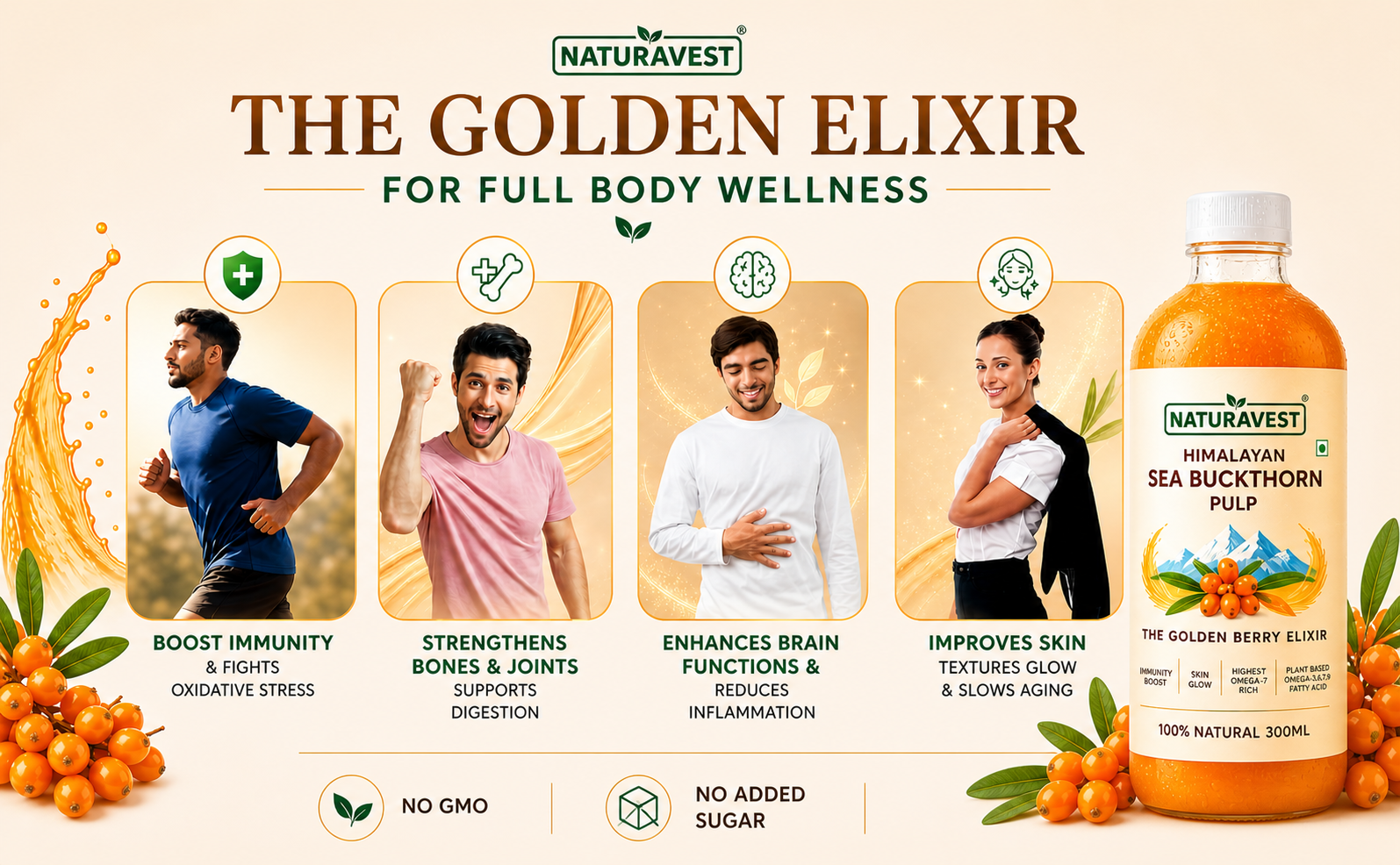 Naturavest Himalayan Sea Buckthorn Pulp – 100% Pure, Unfiltered & Cold-Pressed | Immunity Boost, Skin Glow, Omega 3-6-7-9 | Natural Superfruit pulp – No Sugar, Plant Based, Non GMO (Pack of 1)300ml
