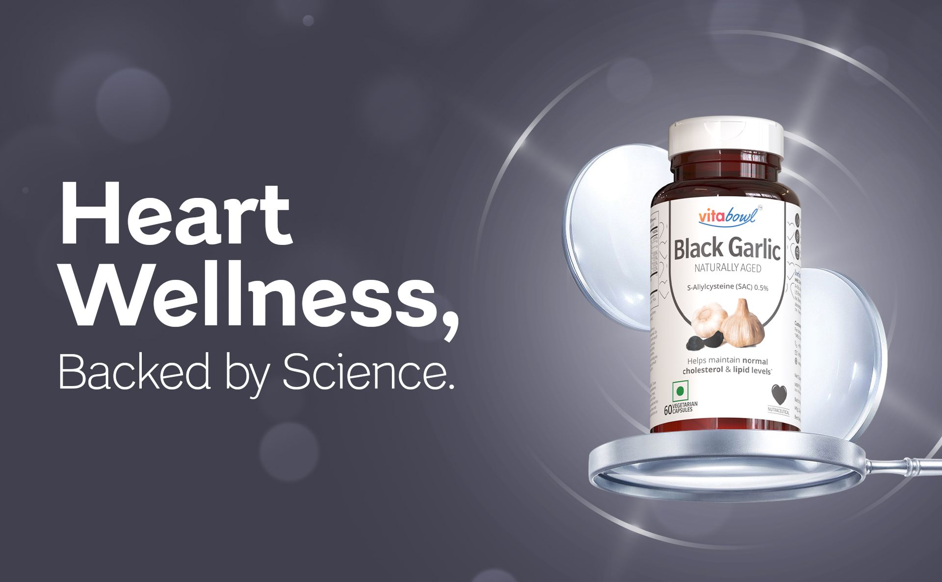 Vitabowl's 100% Natural & Organic Black Garlic Capsules | Made with 100% Cloves | 120 Days Naturally Aged & Fermented | Manages Cholesterol Levels & Lipid Profiles (60 Count (Pack of 1))