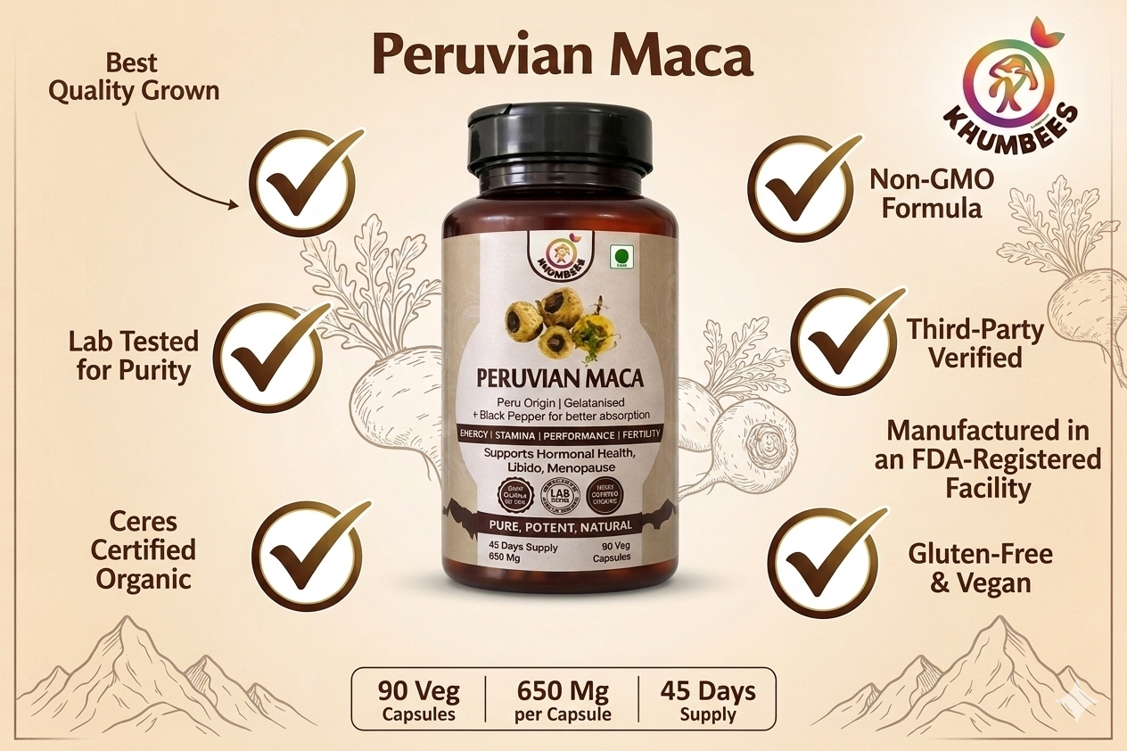KHUMBEESS SUPERFOODS Gelatinized Peruvian Maca Root Powder 650mg | Maca Root Capsules with Black Pepper | 90 Vegan Capsules | Energy, Stamina, Vitality & Hormonal Balance Support