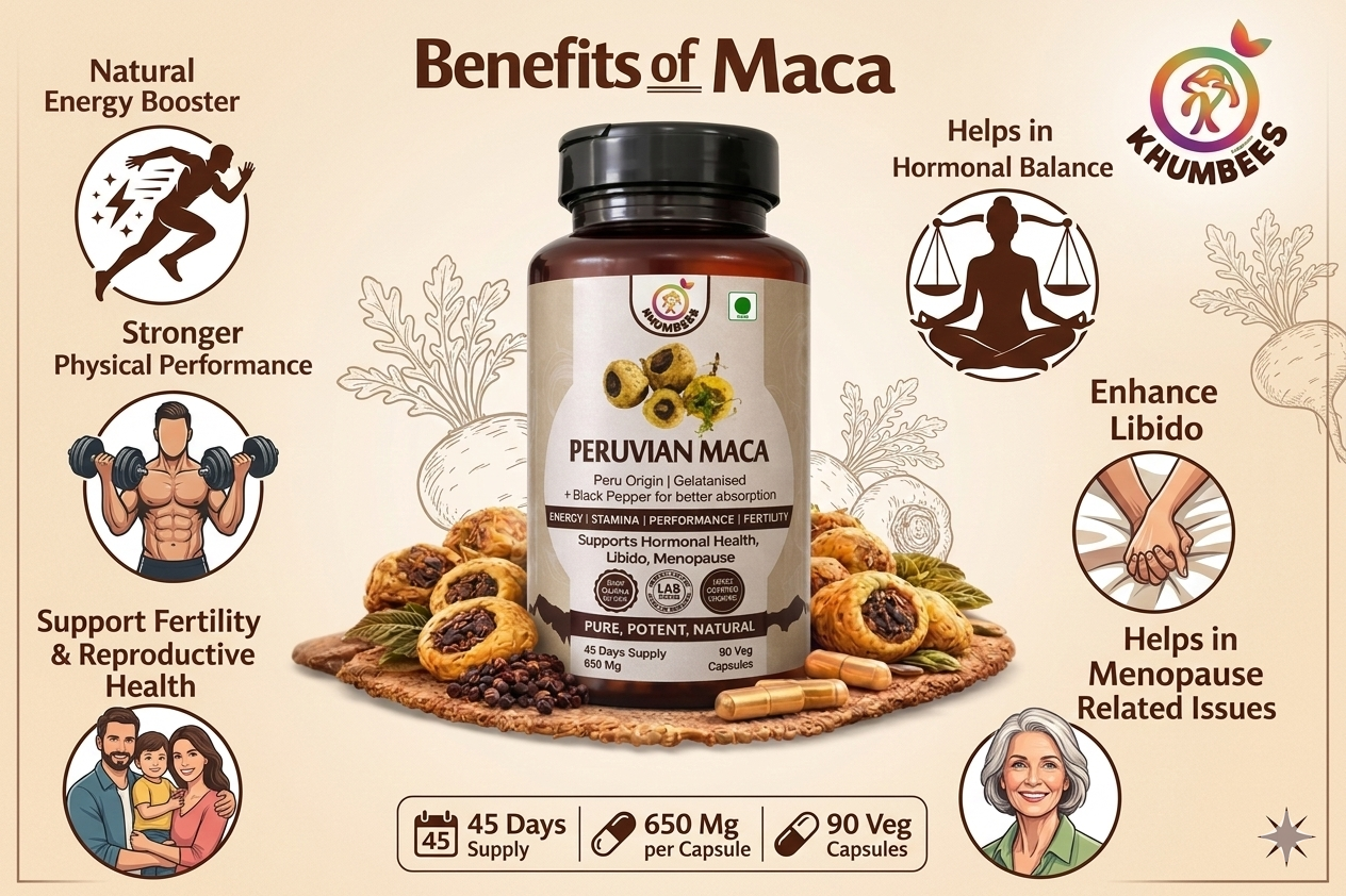 KHUMBEESS SUPERFOODS Gelatinized Peruvian Maca Root Powder 650mg | Maca Root Capsules with Black Pepper | 90 Vegan Capsules | Energy, Stamina, Vitality & Hormonal Balance Support