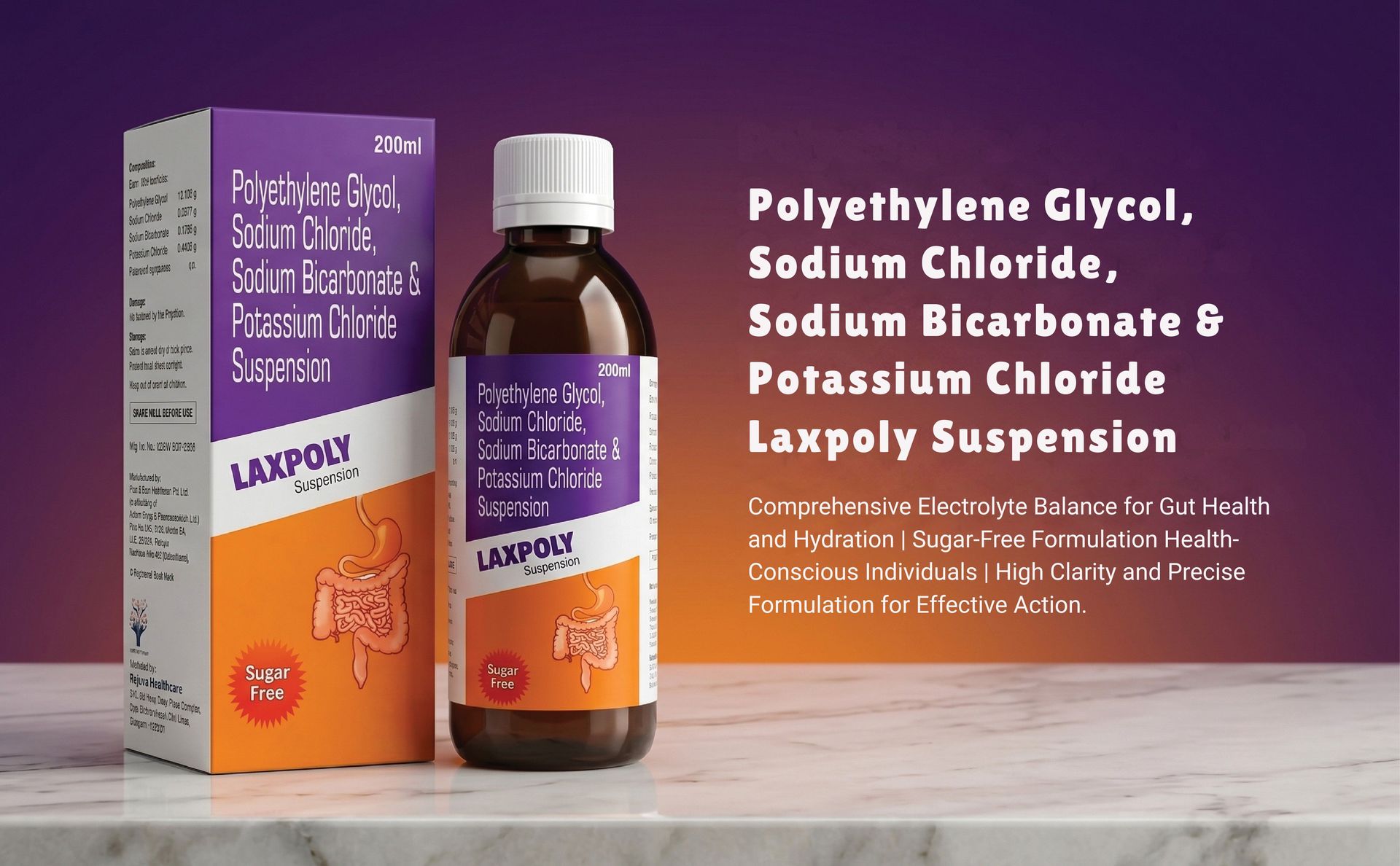 PEG 3350 Suspension 200 ml Sugar Free For Kids, Men, Women and Elderly | Polyethylene Glycol, Sodium Chloride, Sodium Bicarbonate & Potassium Chloride | Gentle Bowel Movement & Gut Wellness Support | Electrolyte Balance Formula