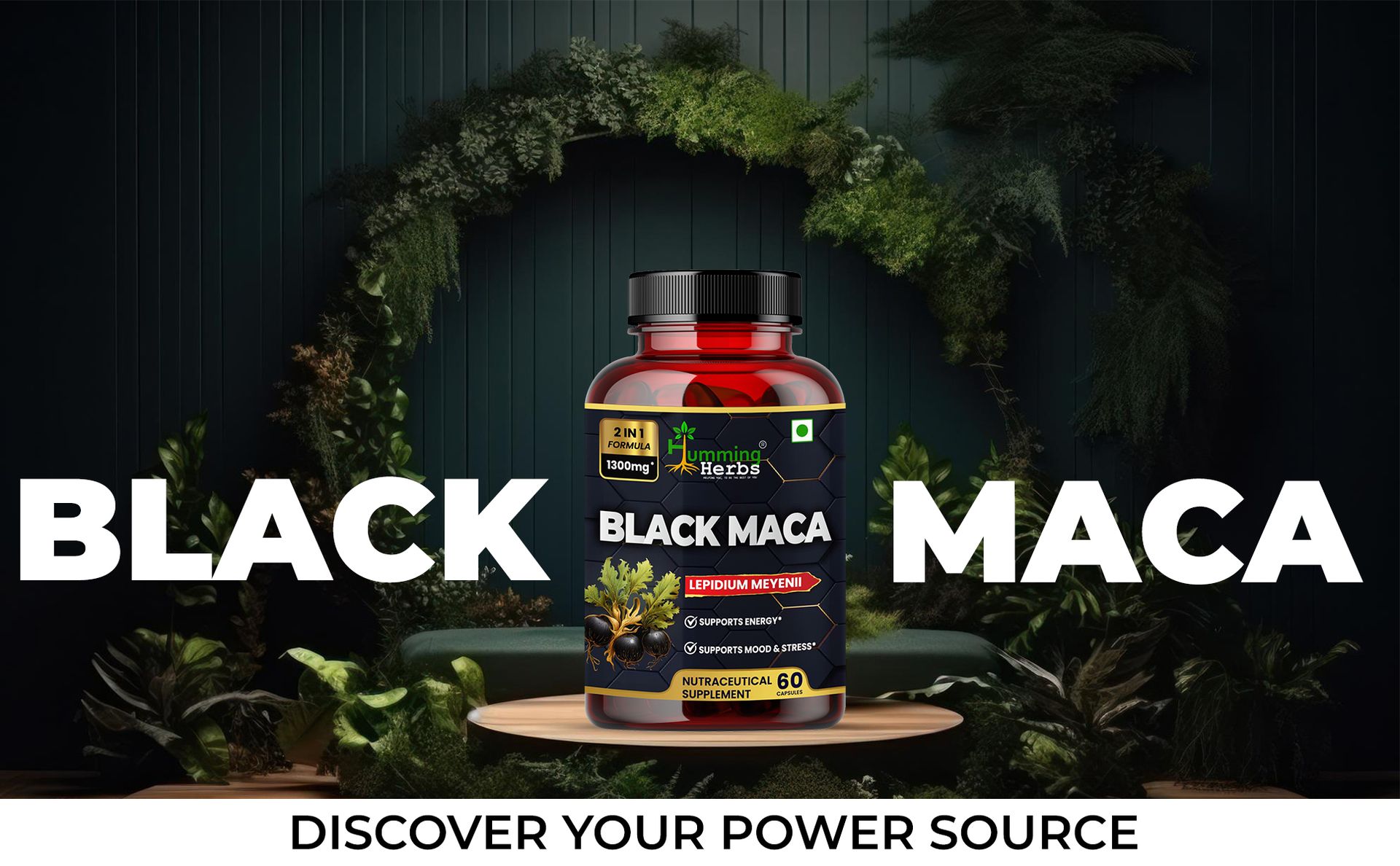 Humming Herbs Black Maca Root Extract 1300mg - Boosts Energy & Stamina, Supports Mood & Hormonal Balance - Men's & Women's Health Supplement
