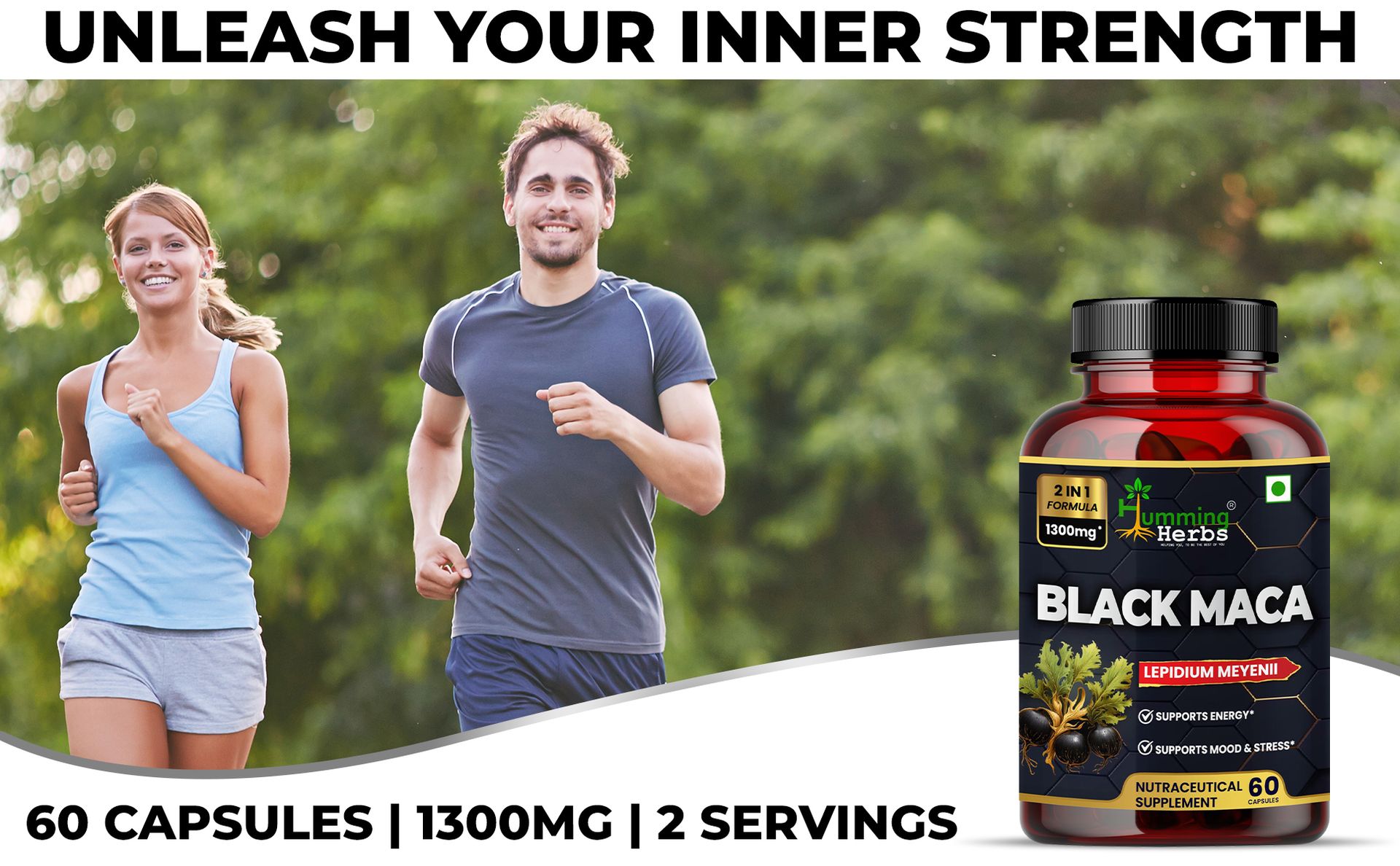 Humming Herbs Black Maca Root Extract 1300mg - Boosts Energy & Stamina, Supports Mood & Hormonal Balance - Men's & Women's Health Supplement