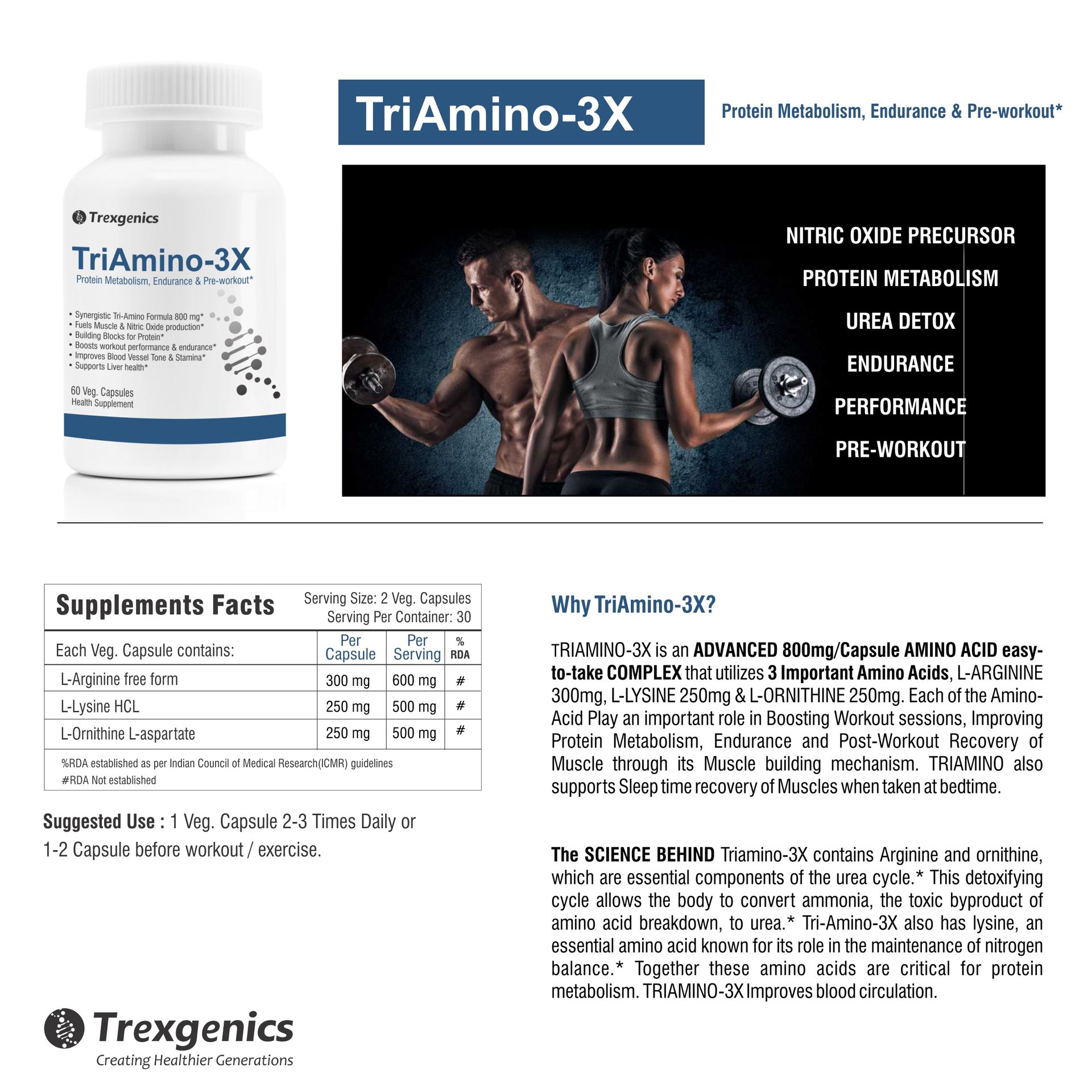 Trexgenics® TRIAMINO-3X Advanced Nitric Oxide Precursor, Protein Metabolism, Endurance, Recovery, Blood Circulation & Pre-Workout, L Arginine 300mg, Ornithine 250 mg & Lysine 250mg/Capsule (60 Veg. Capsules)