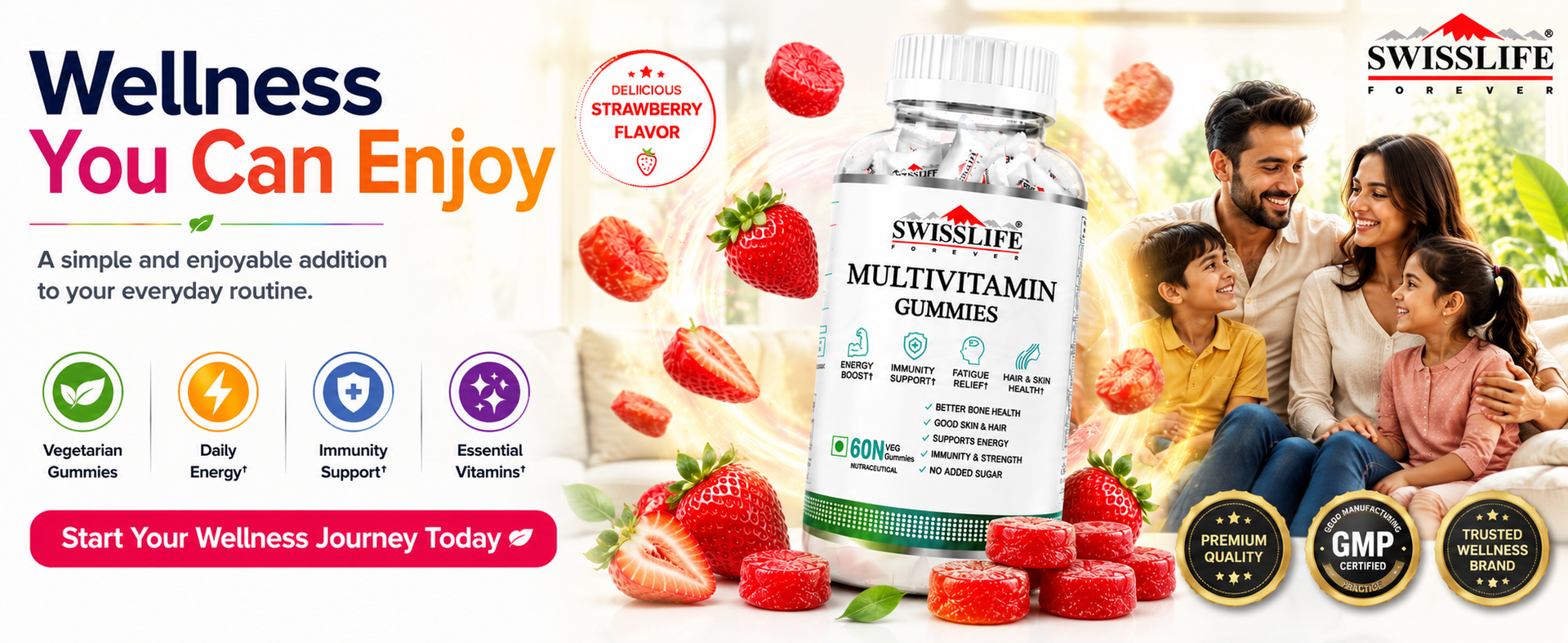 SwissLife Forever Multivitamin Gummies (60 Gummies) | Micronutrients Vitamin C,A,D,E,B6,B9,B12 | Sugar-free | Enhances Immunity and Overall Health | Strawberry Flavour for Men & Women