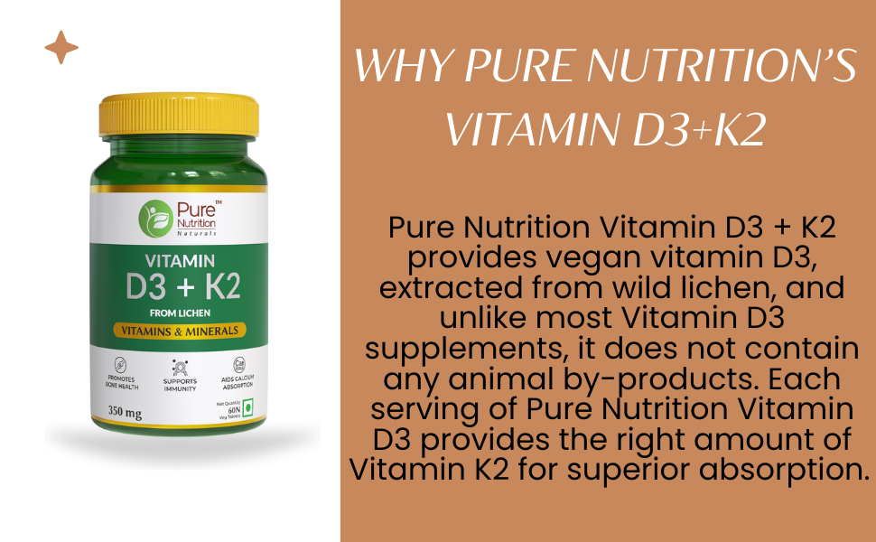 Pure Nutrition Vitamin D3 K2 (60 Tablets) | Vitamin D Supplement with Mk7 For Strong Bones, Immunity, Joint & Heart Health | Vitamin d3 from Lichen | Vitamin D tablets