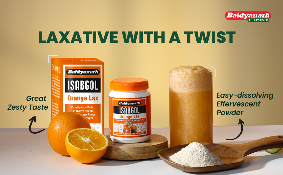 Baidyanath Isabgol Psyllium Husk Orange Lax Powder| Tasty Natural Fibre Laxative for Constipation Relief & Digestion | Effervescent, Gluten - 110 g