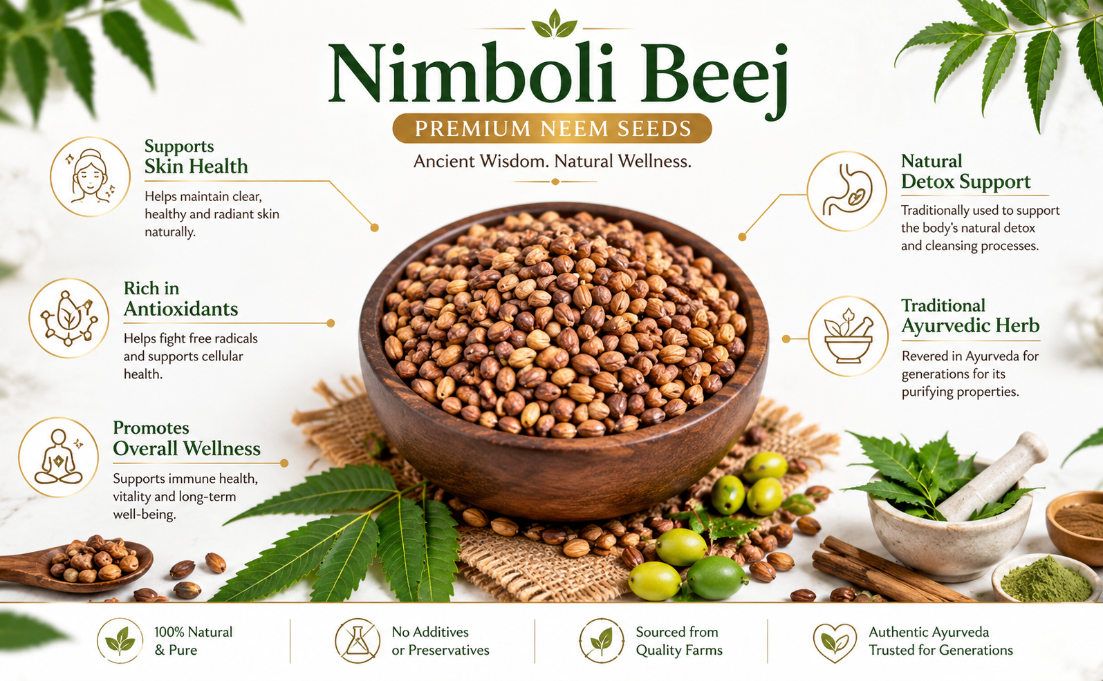 Neem Seeds (Nimboli), Azadirachta indica, Natural Ayurvedic Herb, for Skin, Hair, Blood Purification and Immunity (50 g)