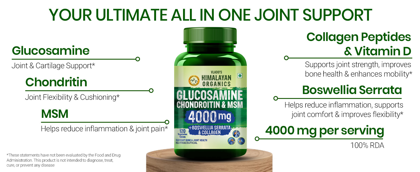 Vlado’s Himalayan Organics Glucosamine Chondroitin MSM Tablets | Cartilage & Joint Support Supplement | Glucosamine for Joint Relieves Pain and Stiffness I Pure Veg Formula- 120 Vegetarian Tablet