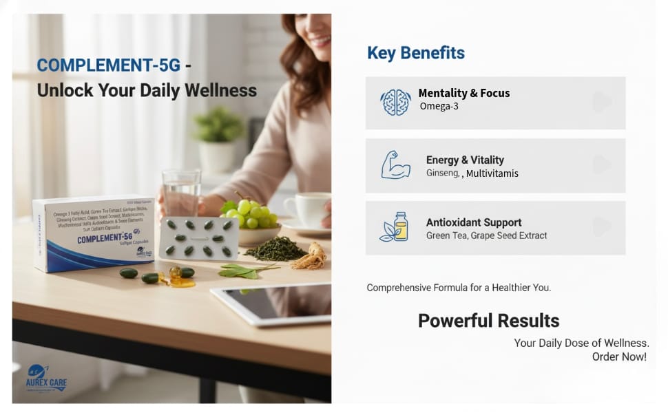 Complement-5G Multivitamin & Multimineral Softgel Capsules with Omega-3, Ginkgo Biloba, Ginseng & Green Tea Extract – Antioxidant & Energy Support – 30 Capsules
