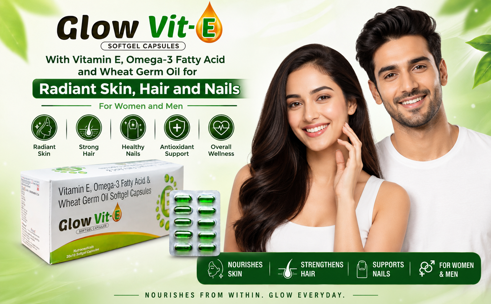 Glow Vit-E Softgel Capsules | Vitamin E, Omega-3 Fatty Acids & Wheat Germ Oil Supplement for Glowing Skin, Strong Hair & Heart Health | Antioxidant Support for Men & Women | 30 Softgels (Pack of 3)