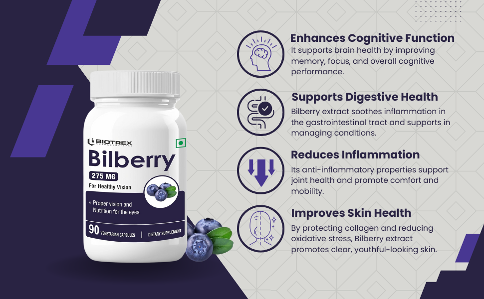 Biotrex Nutraceuticals Bilberry Extract 275mg (Anthocyanidins) Healthy Vision, Antioxidant & Eye Health Supplement, 90 Veg Capsules