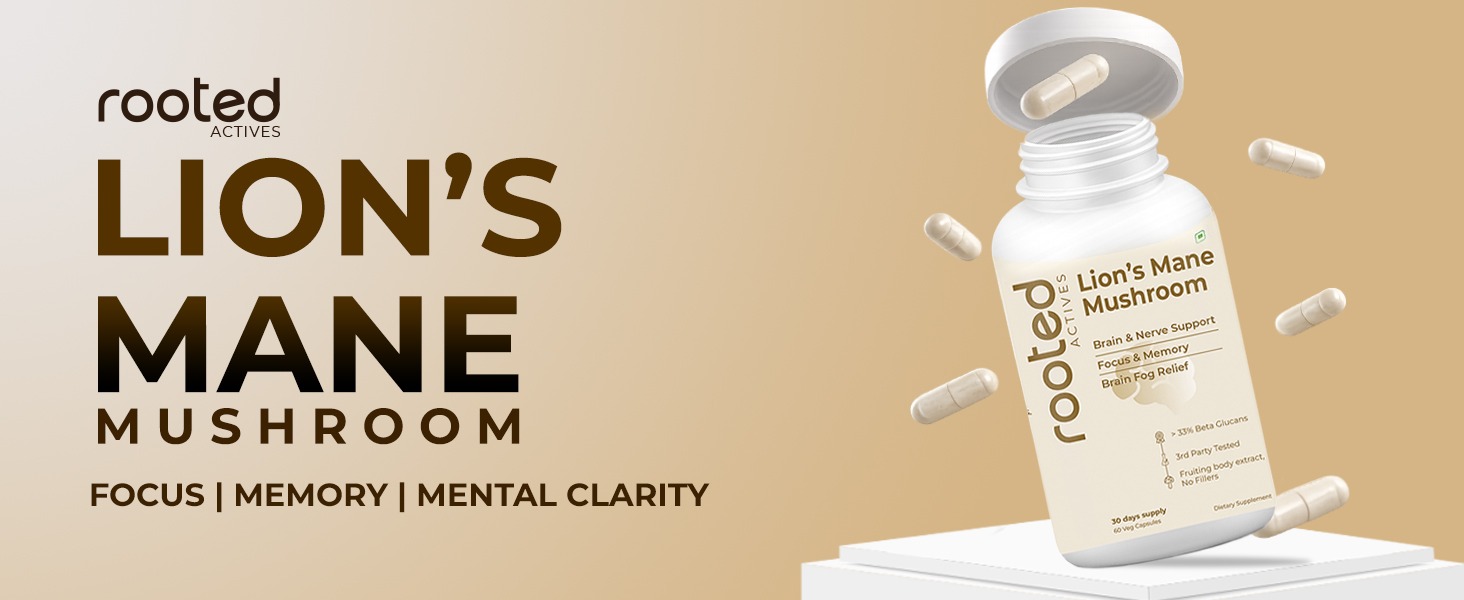 Rooted Active's Lion's Mane Mushroom for Brain Health Support - Mushroom Support for Focus & Memory Function - Immune & Nervous System Supplement | 60 Caps