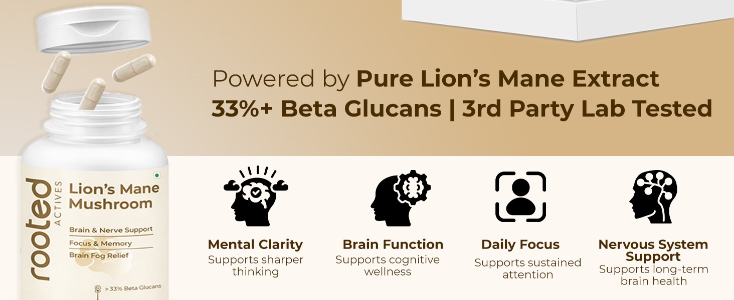 Rooted Active's Lion's Mane Mushroom for Brain Health Support - Mushroom Support for Focus & Memory Function - Immune & Nervous System Supplement | 60 Caps