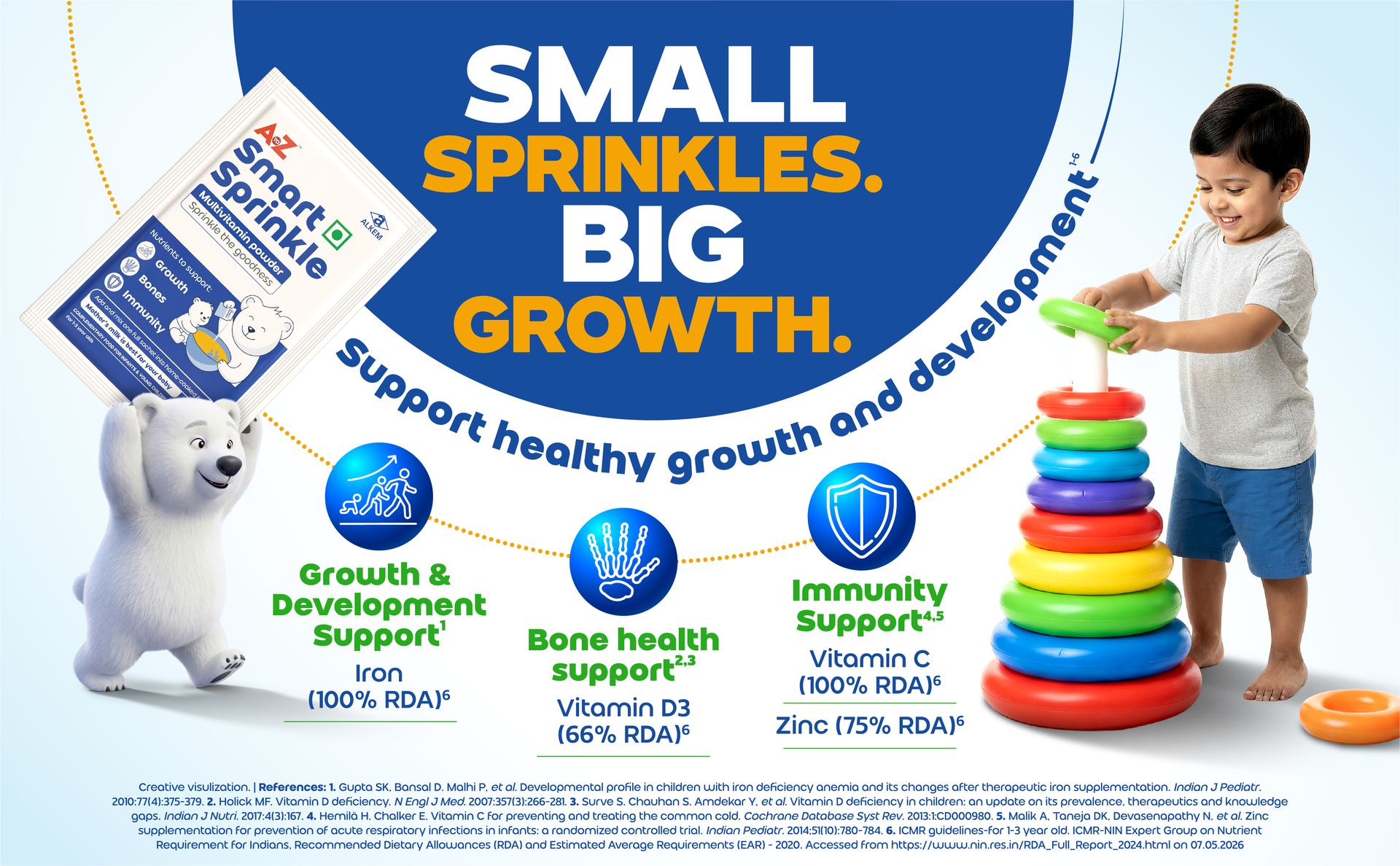 A to Z Smart Sprinkle Nutrition Powder for Kids 1-3 Years | Multivitamin & Multimineral Food Supplement with Iron, Zinc, Vitamin C & Vitamin D3 | Supports Growth, Bone Health & Immunity | Neutral Taste | 30 Sachets
