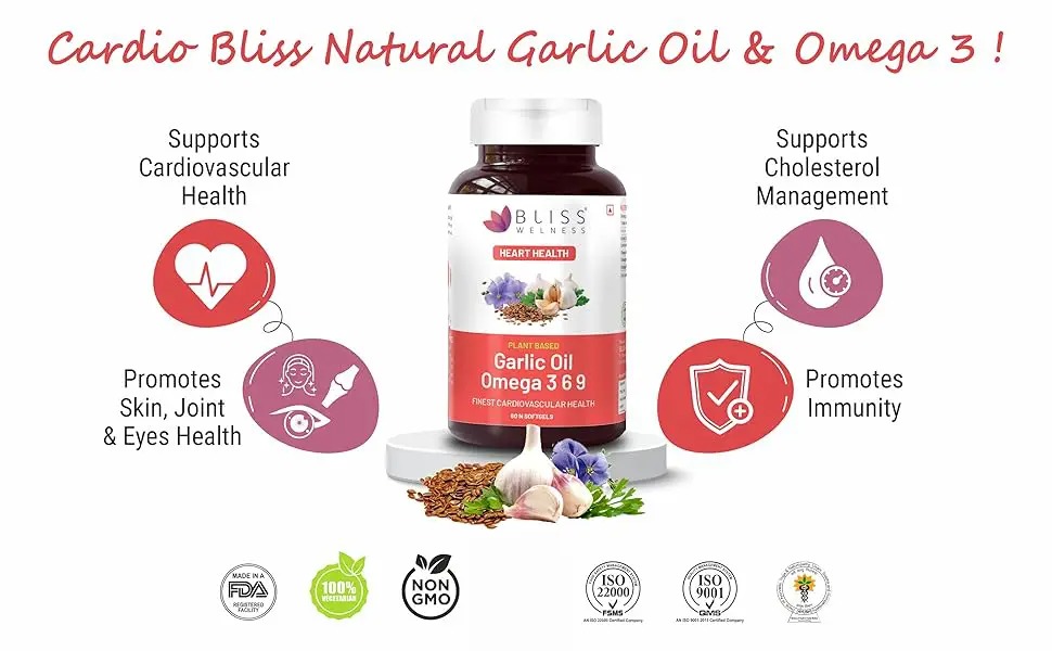 Bliss Welness Organic Garlic Oil + Omega 3 6 9 | Cholesterol & Lipid Profile Management Immunity Boost Heart Health Antioxidant | Cold Pressed Health Supplement - 60 Softgel Capsules