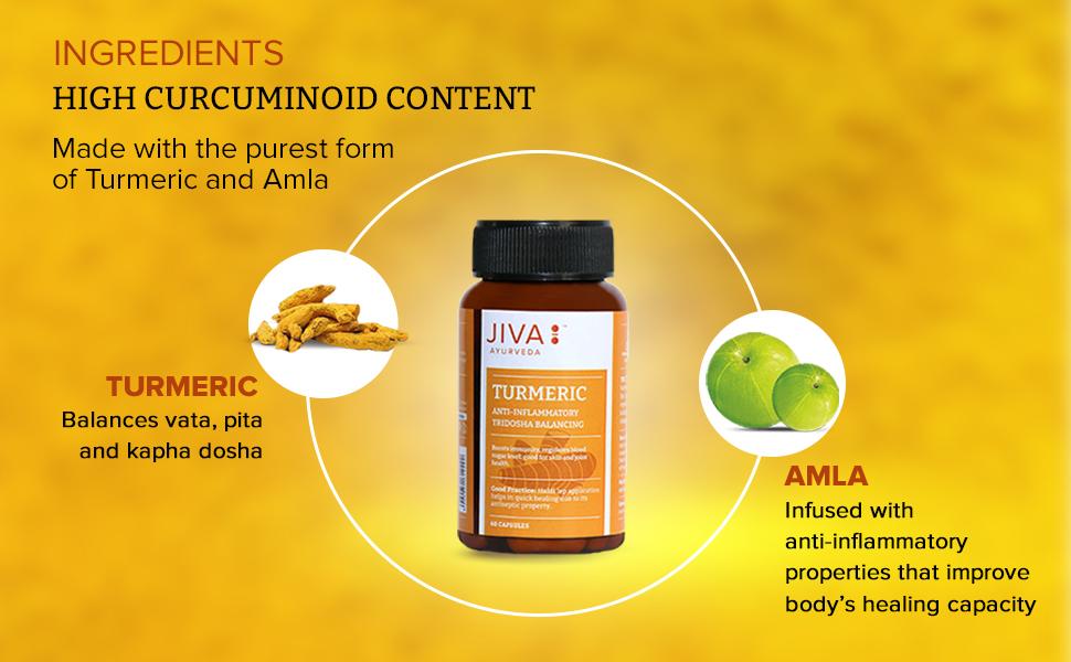 Jiva Turmeric Capsules | 100% Ayurvedic formulation Made Of Haldi & Amla | Boosts Immunity & Promotes Healthy Skin | Regulates Blood Sugar Levels & Controls Diabetes- 60 Capsules (Pack Of 1)