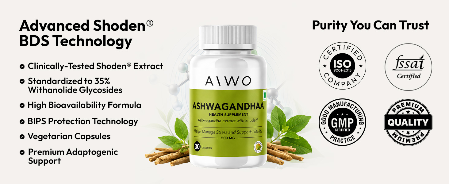 AIWO Ashwagandha Shoden® Capsules 500mg – 35% Withanolide Glycosides, 30 Vegetarian Tablets | Stress Relief, Energy, Mood & Immune Support