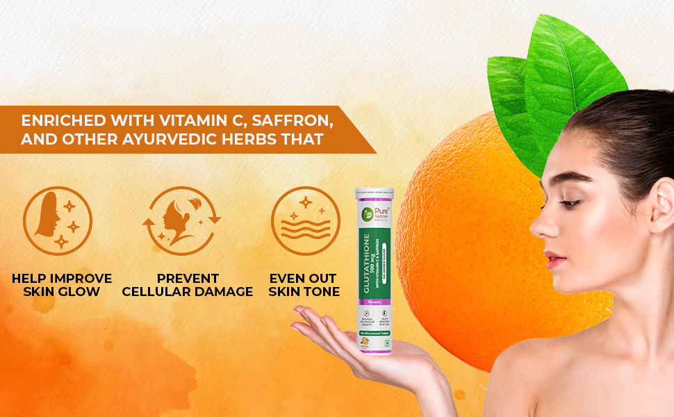 Pure Nutrition L-Glutathione Effervescent Tablets 600mg with Vitamin C | Glutathione Supplement | Antioxidant Support for Skin Health & Immune Support | Orange Flavour | 15 Effervescent Tablets