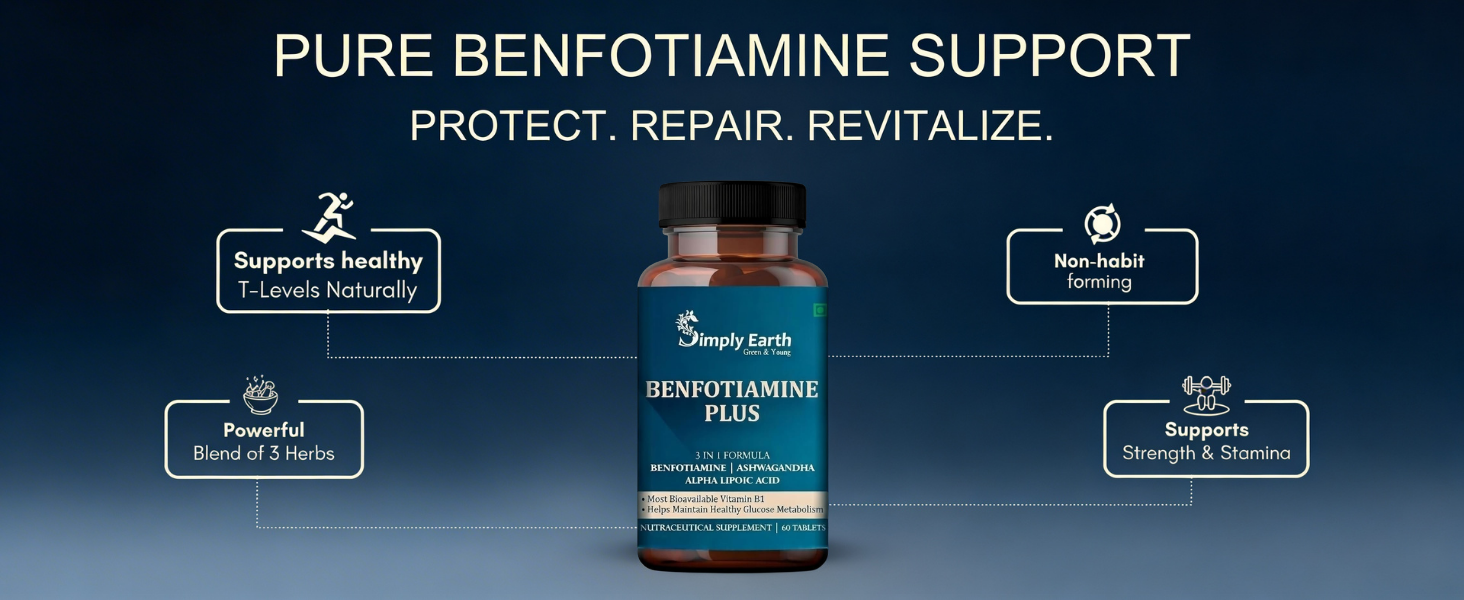 Simply Earth Benfotiamine+ 600mg with Ashwagandha & Alpha Lipoic Acid - Helps Maintain Blood Sugar Levels Supplement - Promotes Nerve Health & Metabolic Function - High Potency B1 Vitamin Supplement - 60 Tablets