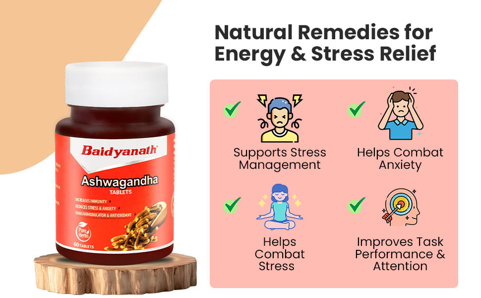 Baidyanath Ayurved Ashwagandha 60 Tablets for General Wellness | Helps Release Stress & Anxiety (Pack of 1)