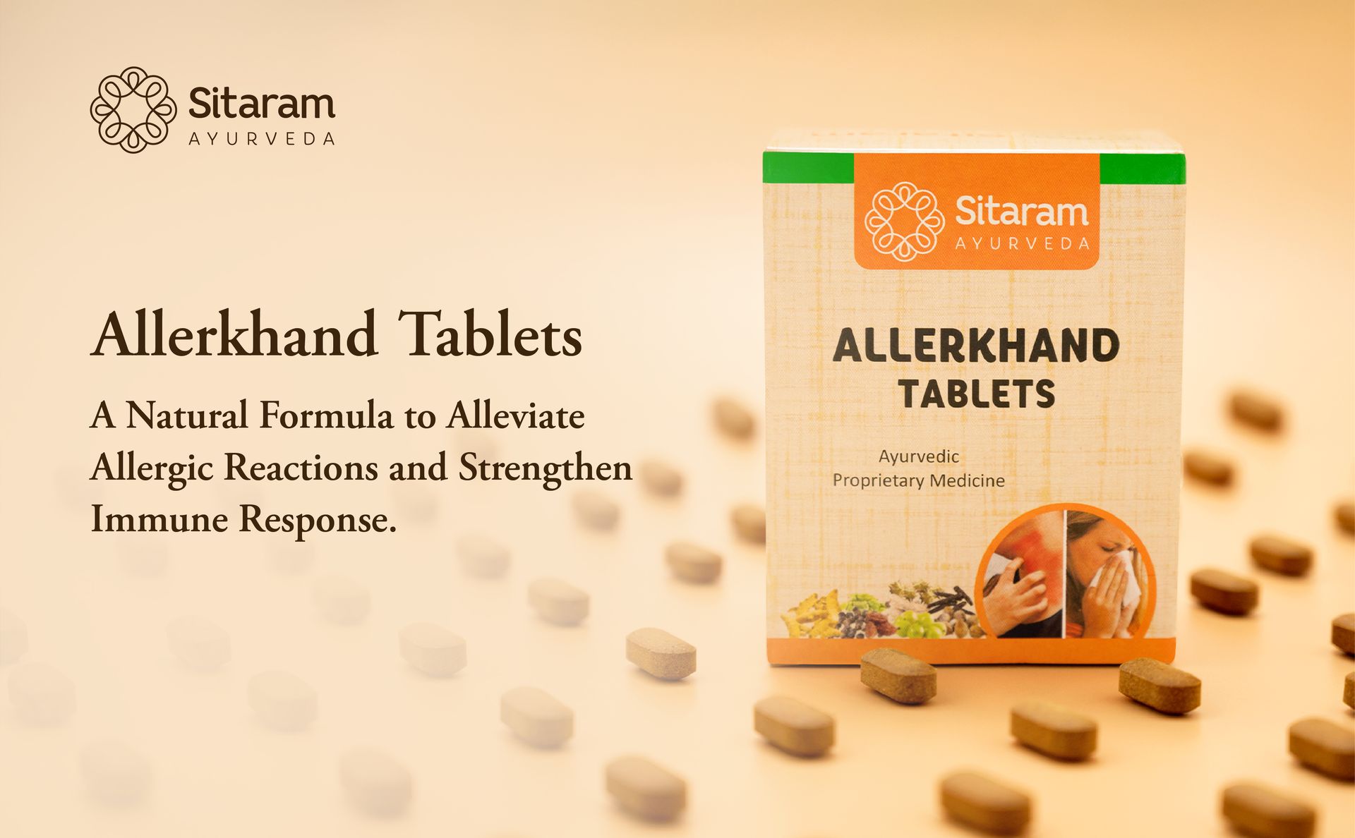 Sitaram Ayurveda Allerkhand Herbal Ayurvedic Tablet 100Nos (Pack of 2) | Kerala Ayurvedic Immunity Booster for Adults & Children with Anti-inflammatory & Antihistaminic Action of Turmeric Curcumin.