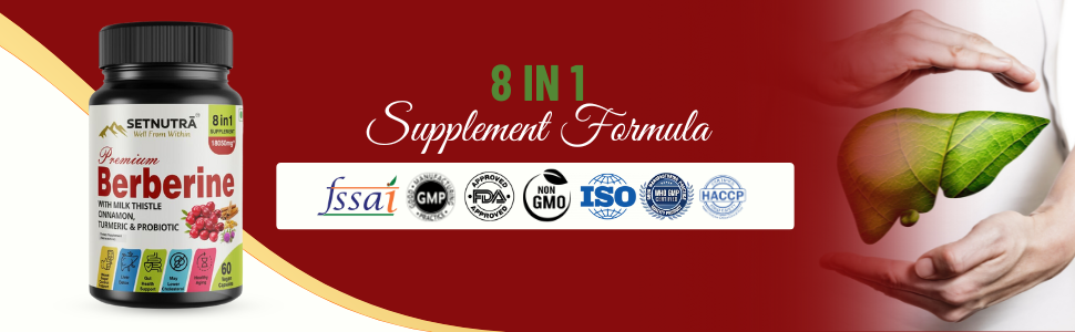 SETNUTRA | Berberine with Milk Thistle Cinnamon, Turmeric & Probiotic | Cost Saver 8in1 Supplement For Adults | Supports Gut Health & Blood Sugar Control | Liver Detox & Healthy Aging | 60 Capsules