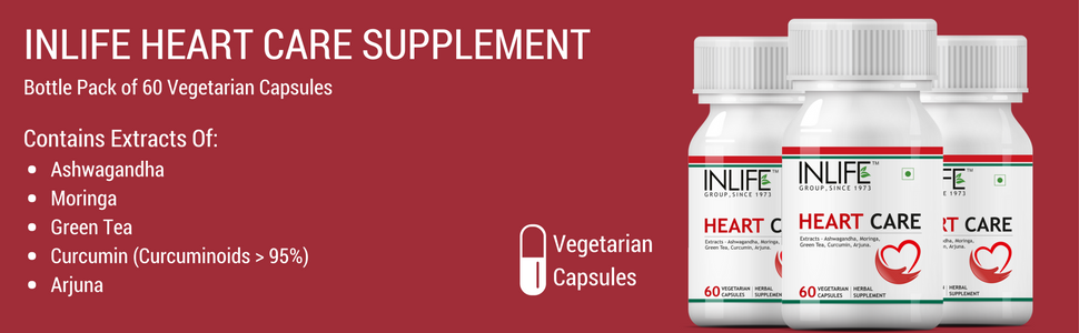 INLIFE Heart Care Supplement, Arjuna Moringa Ashwagandha, 60 Veg Caps