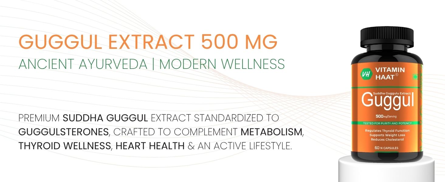 Guggul Extract 500mg (Suddha Medohar Guggulu) | Thyroid Support, Healthy Cholesterol, Weight Loss Management & Detox | Pure Resin Extract | 60 Capsules by VitaminHaat