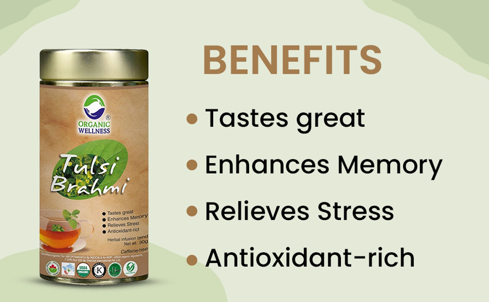 Organic Wellness Certified Tulsi Brahmi Herbal II Reduce Inflammation II Boost Brain Function II 100 Gram Tin pack