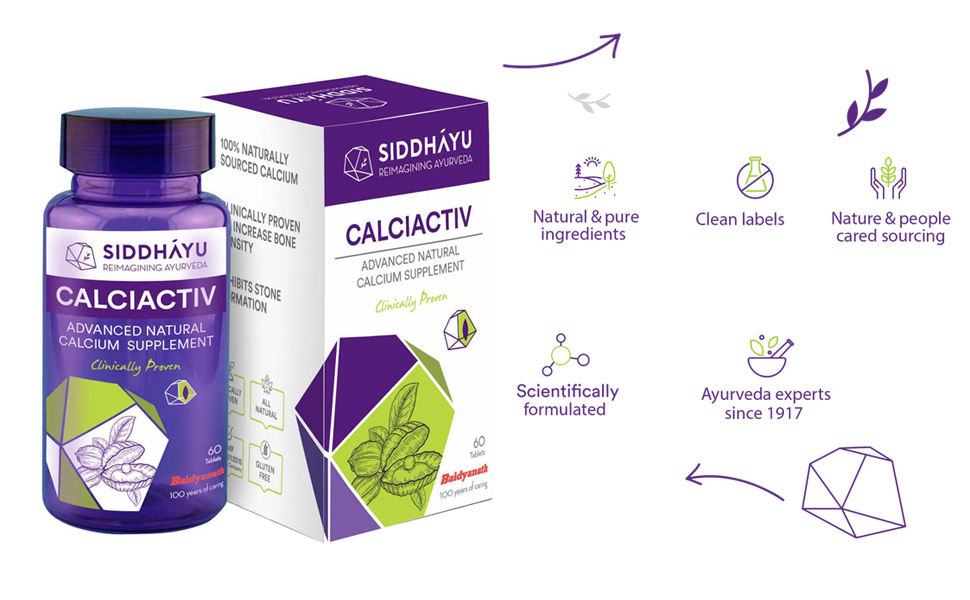 Siddhayu Calciactiv | Natural Calcium Supplement For Women | Ayurvedic Calcium Tablets For Men | For Bone Health | Joint Health I 60 Tablets X 1