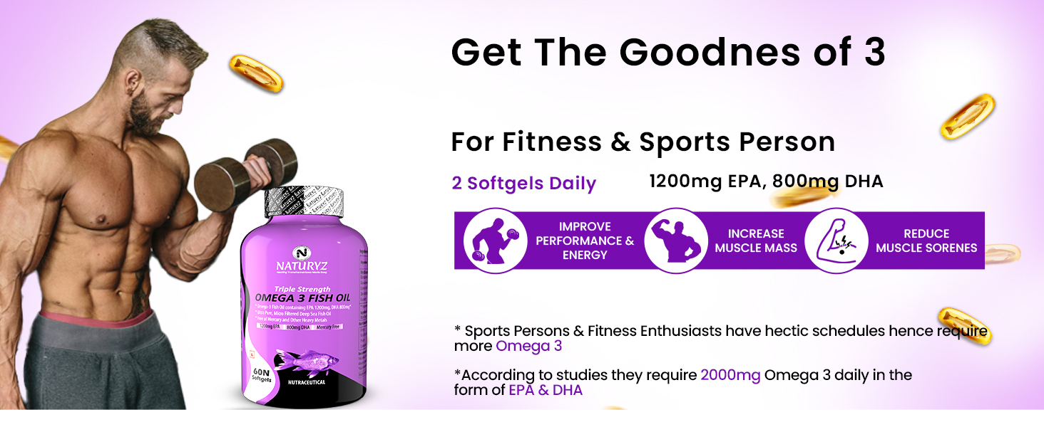 Naturyz Triple Strength Omega 3 Fish Oil with Highest Strength 2450 mg Omega 3-6-9 Per Serving(EPA 1200mg DHA 800mg)Capsule For Men & Women(Mercury Free, Preservatives Free, Anti Reflux 120 Softgels)