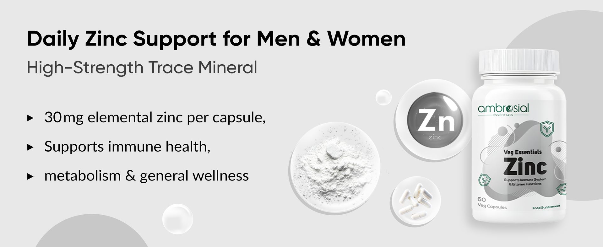 Ambrosial Zinc Supplements - High Strength 30 mg, Highly Bioavailable Zinc Supplement for Men & Women, Immune & Metabolism Support, Zinc Supplements, Pack of 1-60 Capsule