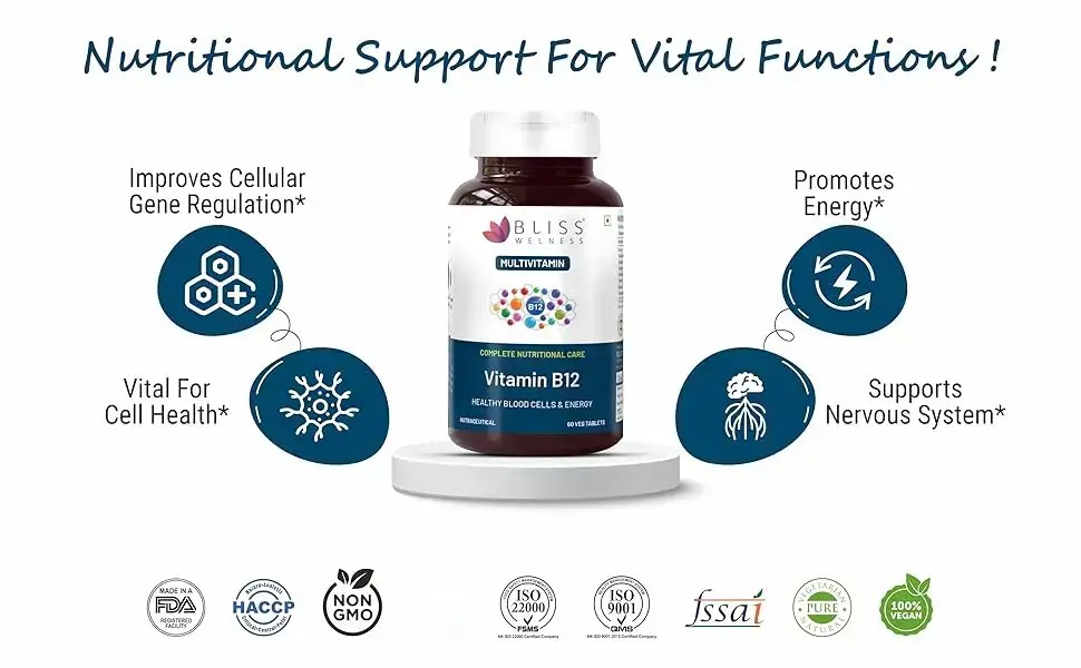 Bliss Welness Vitamin B12 100% RDA | Cynocobalamine | Boost Energy Levels Healthy Nervous System & Brain Function Supplement for Men & Women - 60 Vegetarian Tablets