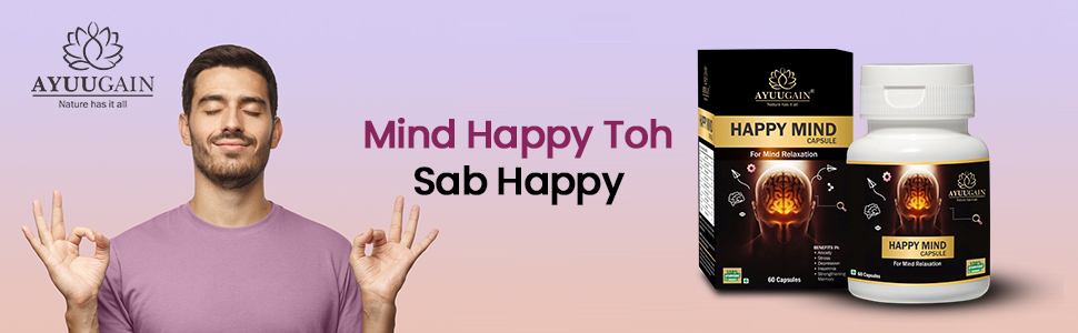 AYUUGAIN Happy Mind Capsule, Herbal Support for Stress, Tension & Anxiety Relief with Ashwagandha, Brahmi, Shankhpushpi, Vacha etc.| Brain, Memory, Sleep, Mood Ayurvedic Supplement - 60 Veg. Capsules